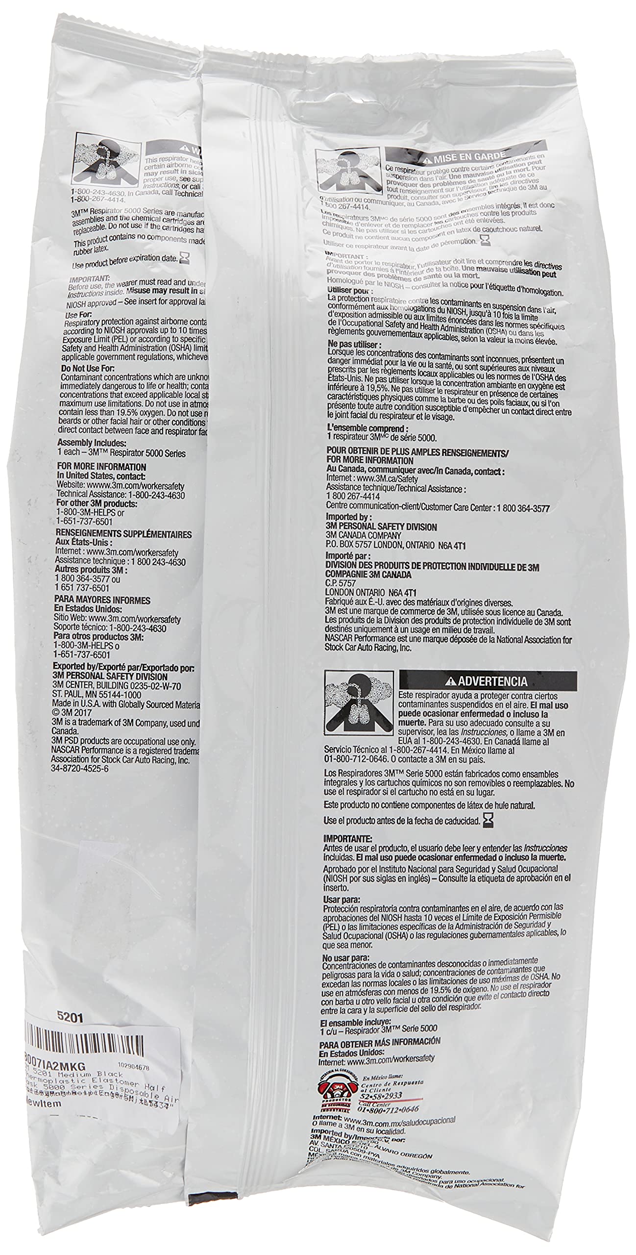 3M 5201 Medium Black Thermoplastic Elastomer Half Mask 5000 Series Disposable Air Purifying Respirator with 4 Point Harness, English, 15.34 Fl. Oz, Plastic, 18.5" x 13.7" x 13.7"