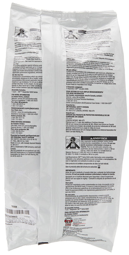3M 5201 Medium Black Thermoplastic Elastomer Half Mask 5000 Series Disposable Air Purifying Respirator with 4 Point Harness, English, 15.34 Fl. Oz, Plastic, 18.5" x 13.7" x 13.7"