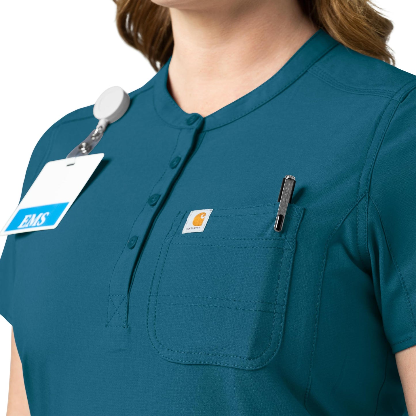 Carhartt Cross-Flex Scrubs for Women, Henley Tunic Scrub Top - Caribbean Blue, XS