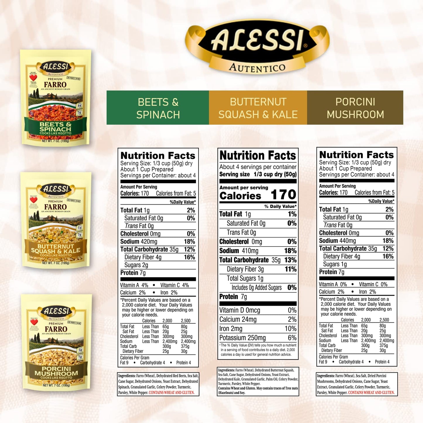 Alessi Autentico, Premium Seasoned Roman Grain Farro, Cooks Like Risotto, Heart Healthy, Easy to Prepare, 7oz (Variety Pack, Pack of 3)