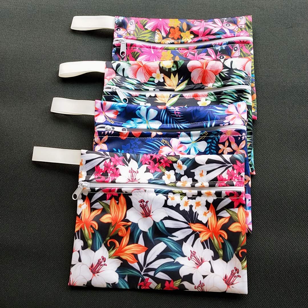 Pack 4pcs Waterproof Mini Wet Bags for Menstrual Pads, Maternity Mama Panty Liners,Sanitary Pads, Sanitary Napkin,Wipes, can be Used as Makeup Bags/Purse