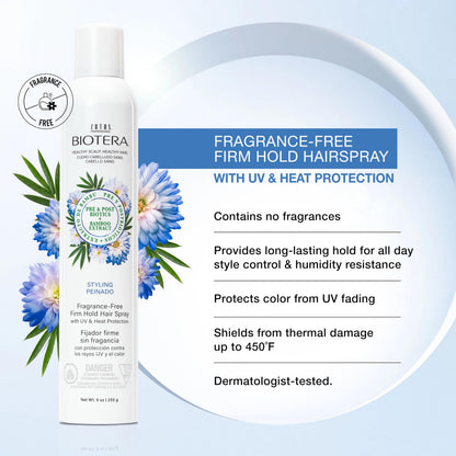 Biotera Styling Fragrance-Free Firm Hold Hair Spray | UV & Heat Protection | 50 VOC | Vegan & Animal Test Free | Paraben & Sulfate Free | Color-Safe | 9 Fl Oz