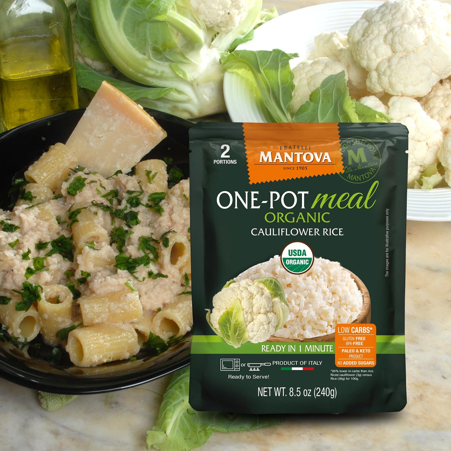 Mantova Organic Cauliflower Rice, 8.5 oz. (Pack of 6), Product of Italy, One-Pot Meal, Microwaveable, Ready-in-Minutes Cauliflower Rice, All-Natural, Healthy Rice Alternative, Ideal for Soups, Stews, Side Dishes, Salads, Rice Bowls, Breakfast Bowls...