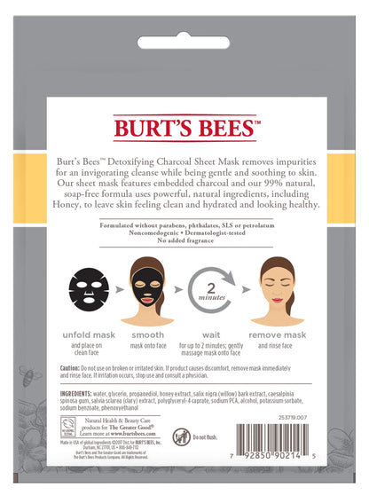 Burt's Bees Detoxifying Charcoal Facial Sheet Mask, Honey, Single Use (Package May Vary)