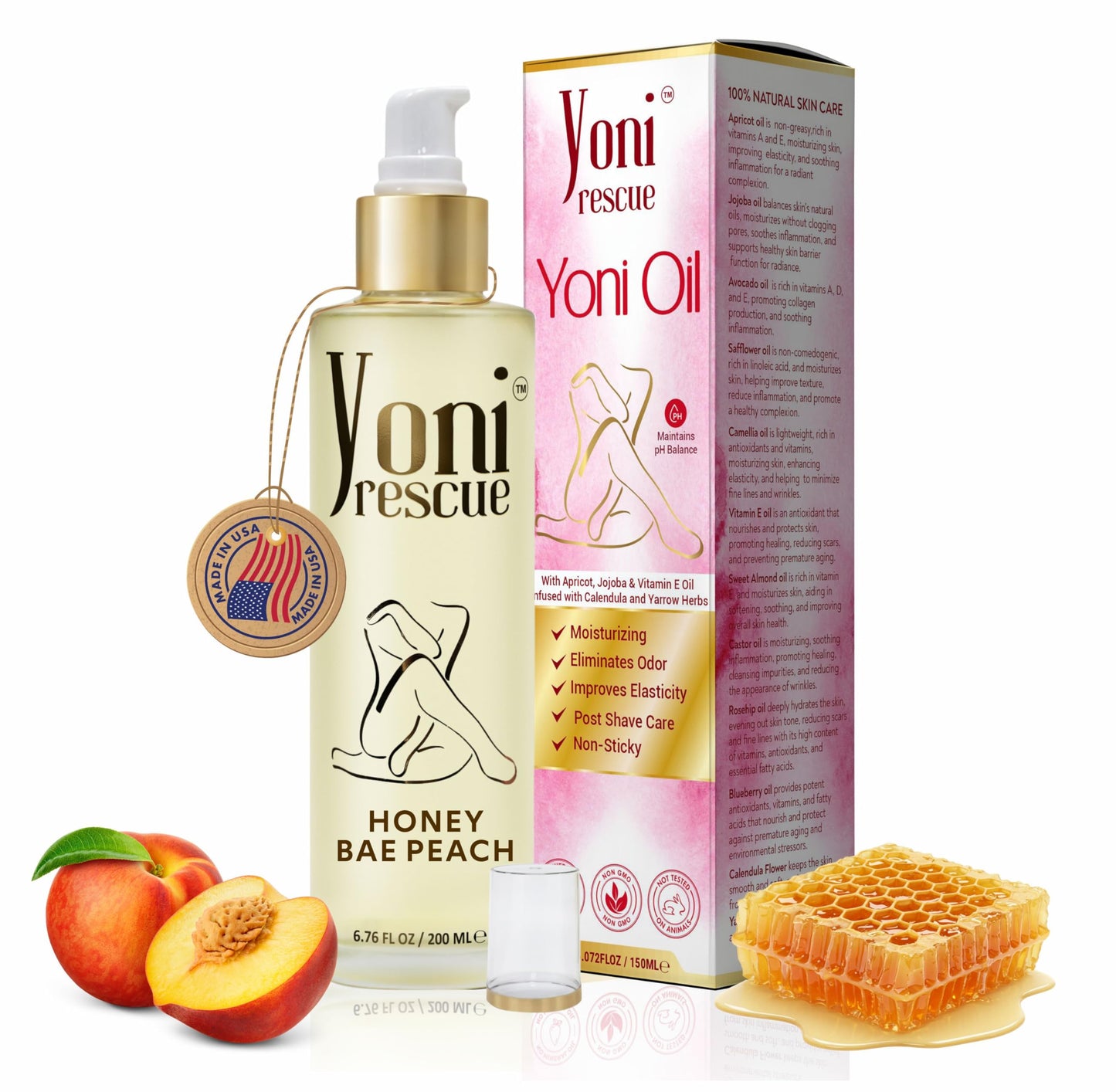Yoni Oil For Women | Made in USA with Apricot, Jojoba, Vitamin E oil | Daily Moisturizing All Natural Feminine care Oil for Dark Spots, Ingrown Hair | pH Balance | Eliminates Odor | 6.76 oz | Peach