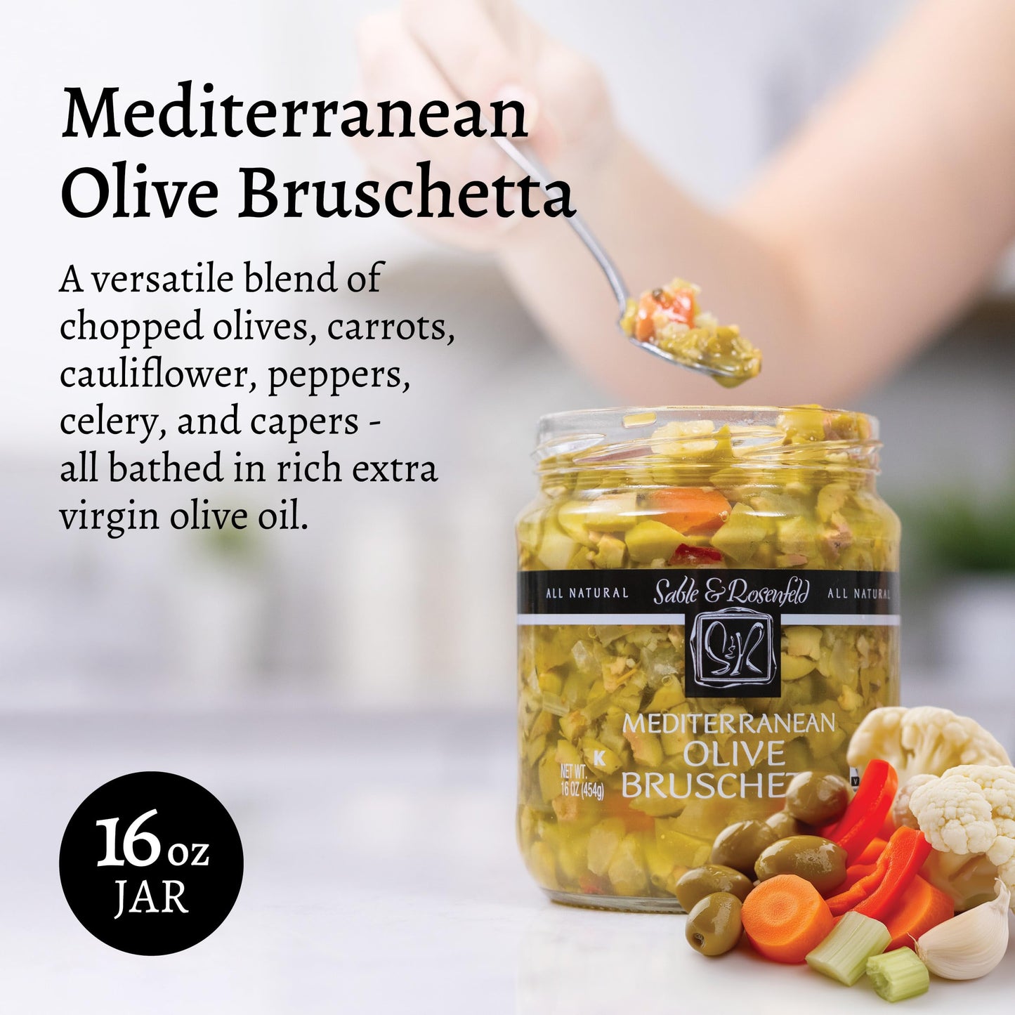 Sable & Rosenfeld Mediterranean Olive Bruschetta in a Jar 16 oz (Pack of 1), Classic Olive Spread with Sweet Peppers and Capers, Non-GMO, Gluten-Free