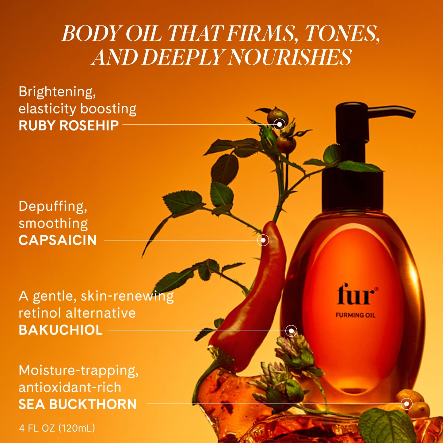 Fur Furming Oil Firming Body Oil with Bakuchiol Retinol Alternative, Hydrating Body Oil for Smoother, Firmer-Looking Skin, Lightweight Body Moisturizing Oil for Butt, Thighs & Body