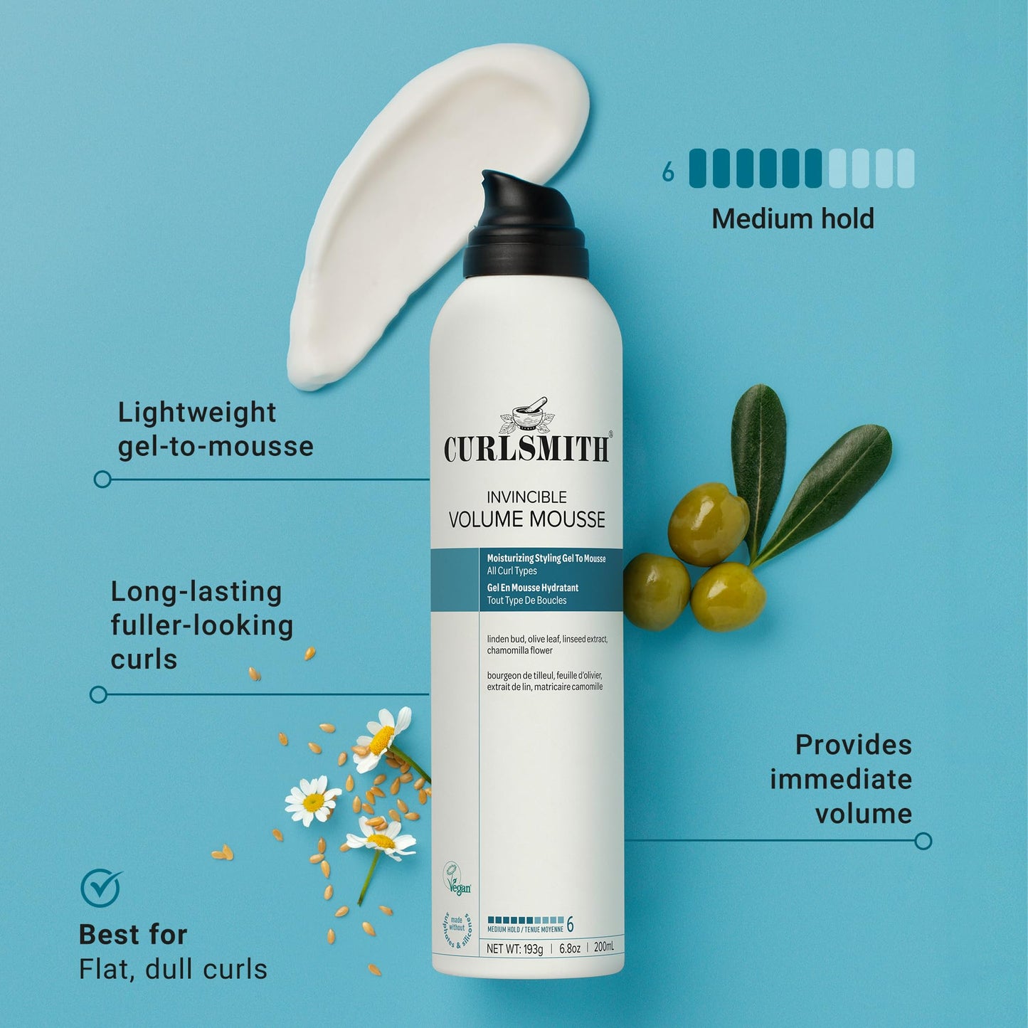 CURLSMITH - Invincible Volume Hair Mousse, Instant Volume, Alcohol Free, Non-Sticky, for Wavy, Curly or Coily Hair, Vegan (200ml/6.8fl oz)