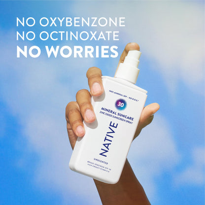 Native Sunscreen Pump Spray Lotion | Unscented SPF 30, 100% Mineral SPF for Face & Body Broad Spectrum UVA UVB, Suitable for Sensitive Skin & Hawaii Compliant, Lightweight & No Residue, 7oz