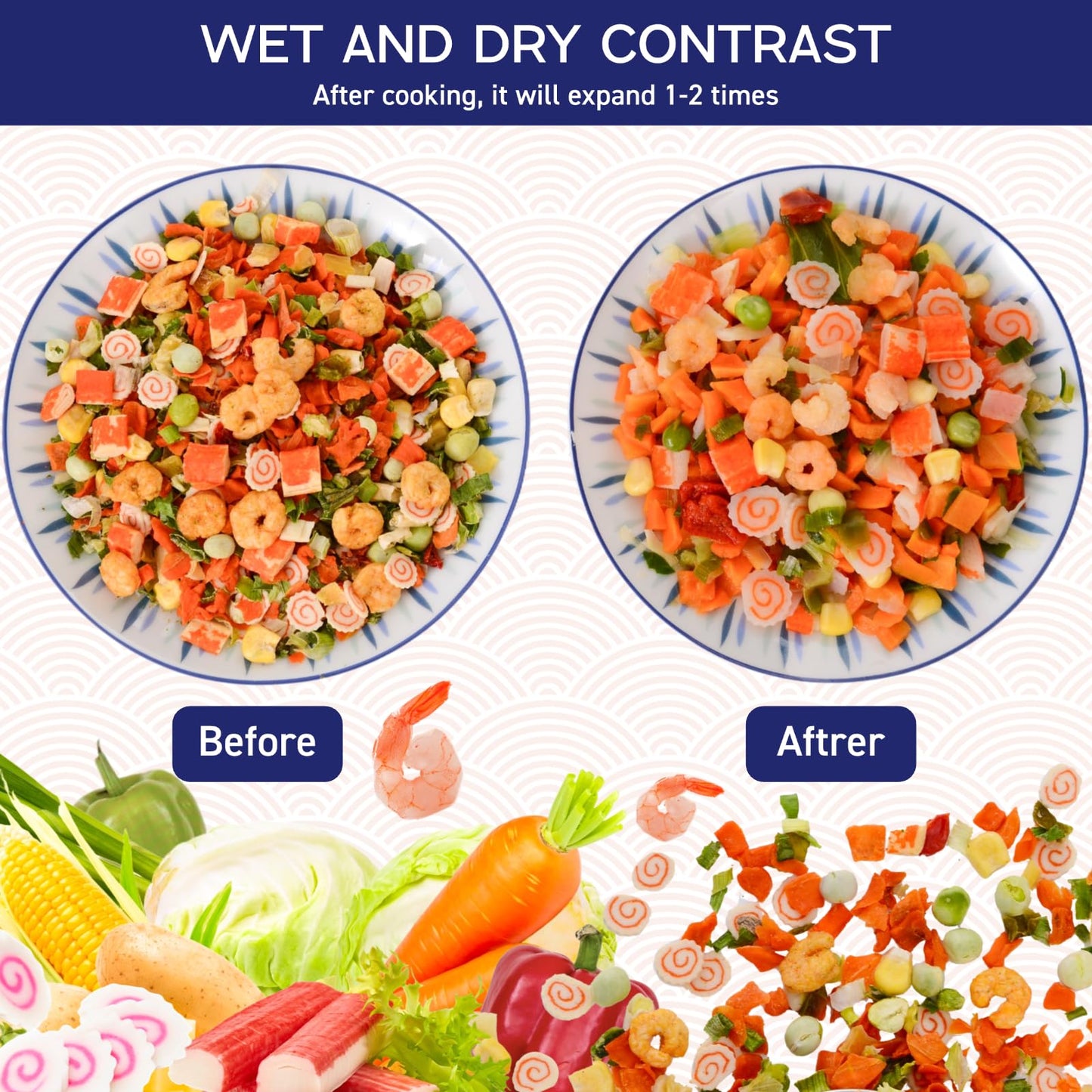 Dehydrated Freeze-Dried Seafood & Vegetable Mix - 100% Natural Ramen Toppings for Soups, 11 Mixed Ingredients, No additions, Ideal for Cooking, Pizza, Emergency Supply, 10.58OZ
