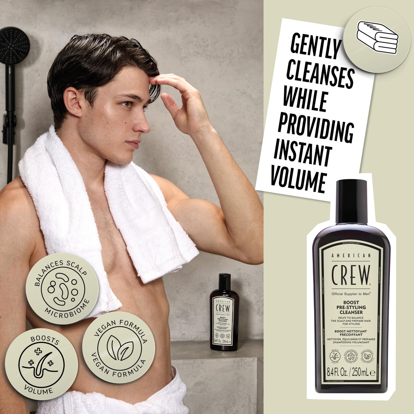 AMERICAN CREW Men's Pre Styler Boost Shampoo for Fine & Thin Hair, Instantly Volumizing Formula, Adds Volume, Lift, & Shine, Vegan, 8.4 fl oz