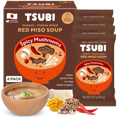 Tsubi Soup Freeze-Dried Japanese Miso Soup Packets - Instant, Vegan, Easy Mix, Gluten & MSG-Free, and Flavorful - Ready in Seconds -Made in Japan - Red Miso (Spicy Mushroom) - 4 Packs