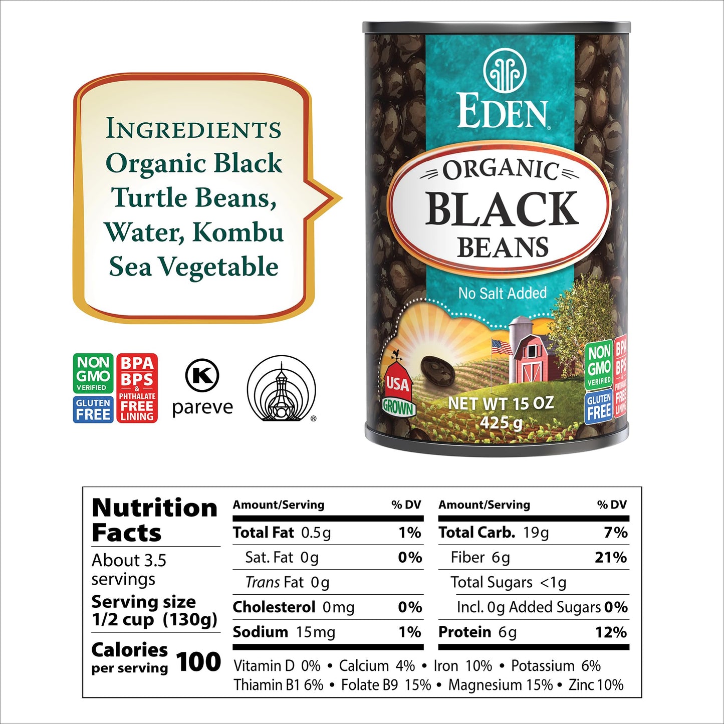 Eden Organic Black Beans, 15 oz Can (12-Pack Case) , No Salt Added, Non-GMO, U.S Grown, Heat and Serve, Macrobiotic, Turtle Beans, Frijol Negro, Caviar Criollo