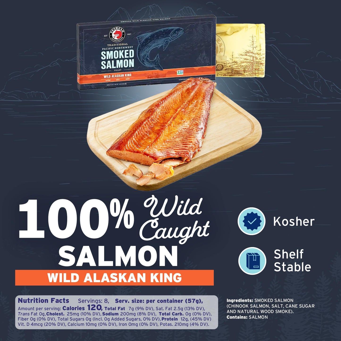 SeaBear Smoked Wild King Salmon 1 Pound Fillet Gift Box - Wild Alaska King Salmon Fillet, Shelf Stable, Ready to Eat, Smoked Salmon Gift, 1lb Filet