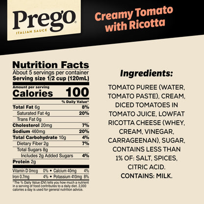 Prego Creamy Tomato Pasta Sauce With Ricotta Cheese, 23.75 oz Jar (6 Pack)