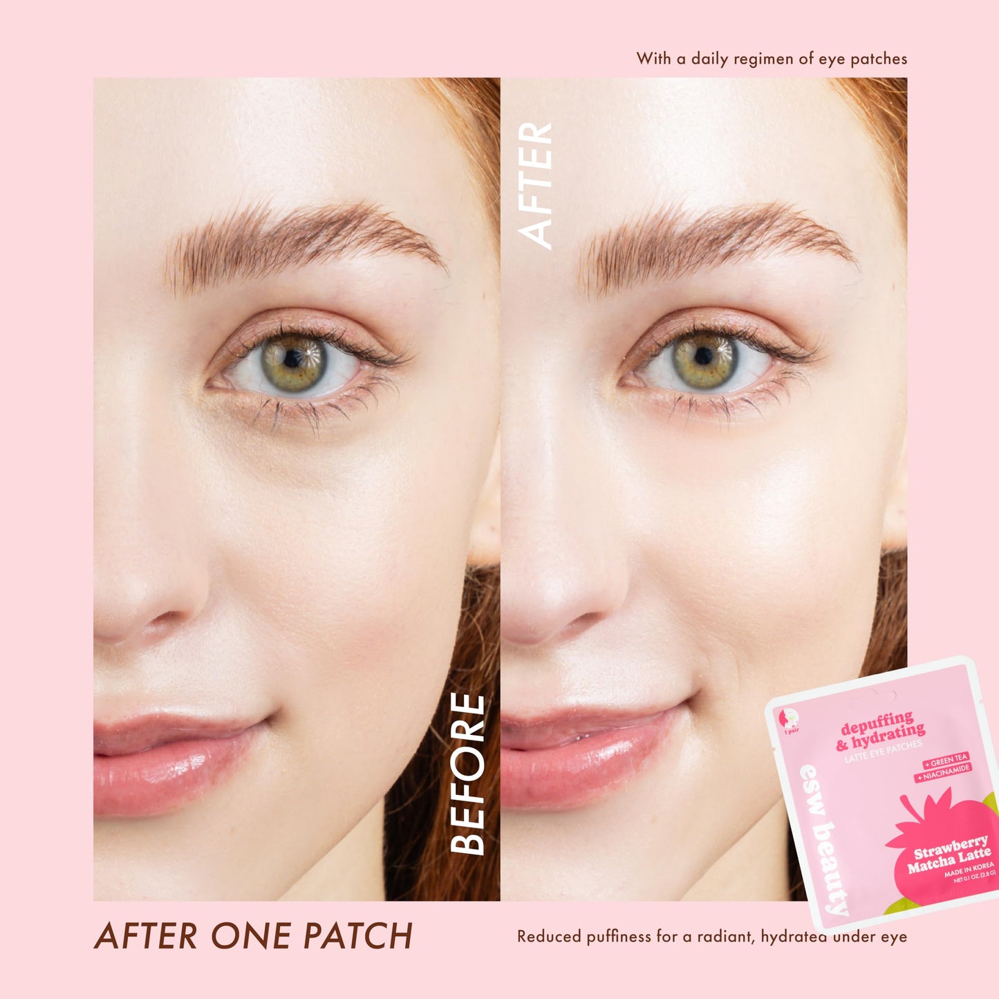 ESW Beauty Strawberry Matcha Latte Under Eye Patches – Depuffing & Hydrating – Vegan Hydrogel with Green Tea for Refreshing, Nourished Under Eyes