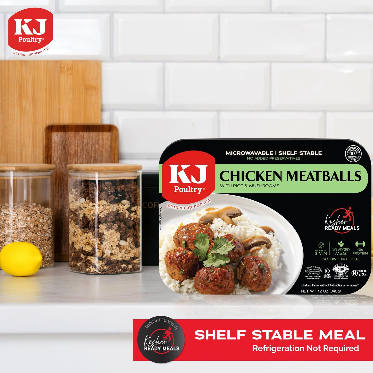 KJ Poultry Kosher Ready Meals - Chicken Meat Balls & Mushrooms, MRE Meat Meals Ready to Eat, Halal, (1 Pack) Prepared Entree Fully Cooked, Shelf Stable Microwave Dinner, Travel, Military, Camping