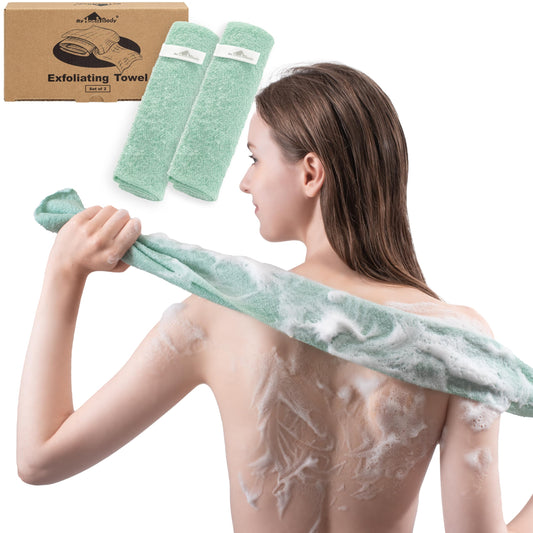 myHomeBody Exfoliating Washcloths for Showering, Loofah Body Scrubber Exfoliator, Back Shower Towel, Bath Washer for Exfoliation, Light Green, Set of 2