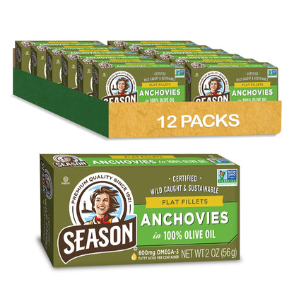 Season Anchovies in Olive Oil - Flat Anchovy Fillets, Wild Caught Fish, Keto Snacks, Canned Anchovies, Rich in B Vitamins, Low in Mercury, Kosher, Non-GMO, 600mg of Omega-3-2 Ounce, 12-Pack