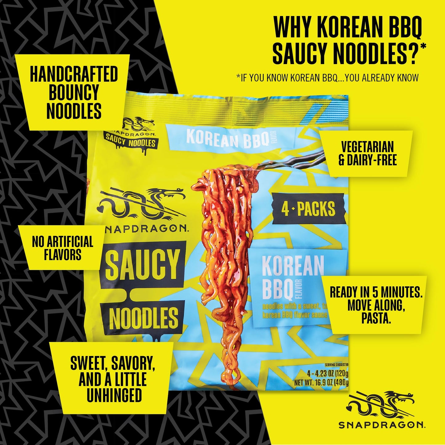 Snapdragon Saucy Instant Noodles with Korean BBQ Slurpable Sauce - Quick Meal, Snack, and Lunch. 4-Pack Microwave Noodles for Cup, Bowl, Ramen or Asian Stir Fry
