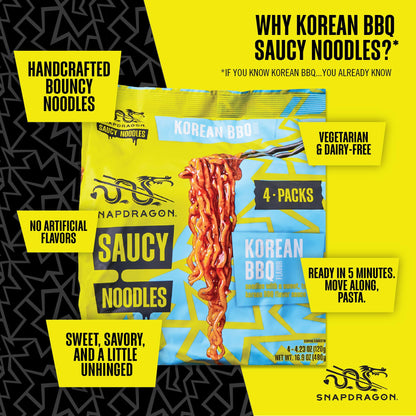Snapdragon Saucy Instant Noodles with Korean BBQ Slurpable Sauce - Quick Meal, Snack, and Lunch. 4-Pack Microwave Noodles for Cup, Bowl, Ramen or Asian Stir Fry