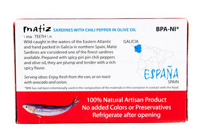Matiz Spicy Wild Spanish Sardines in Olive Oil and Piri Piri Pepper, 4.2 oz (4.2 Ounce (Pack of 5))