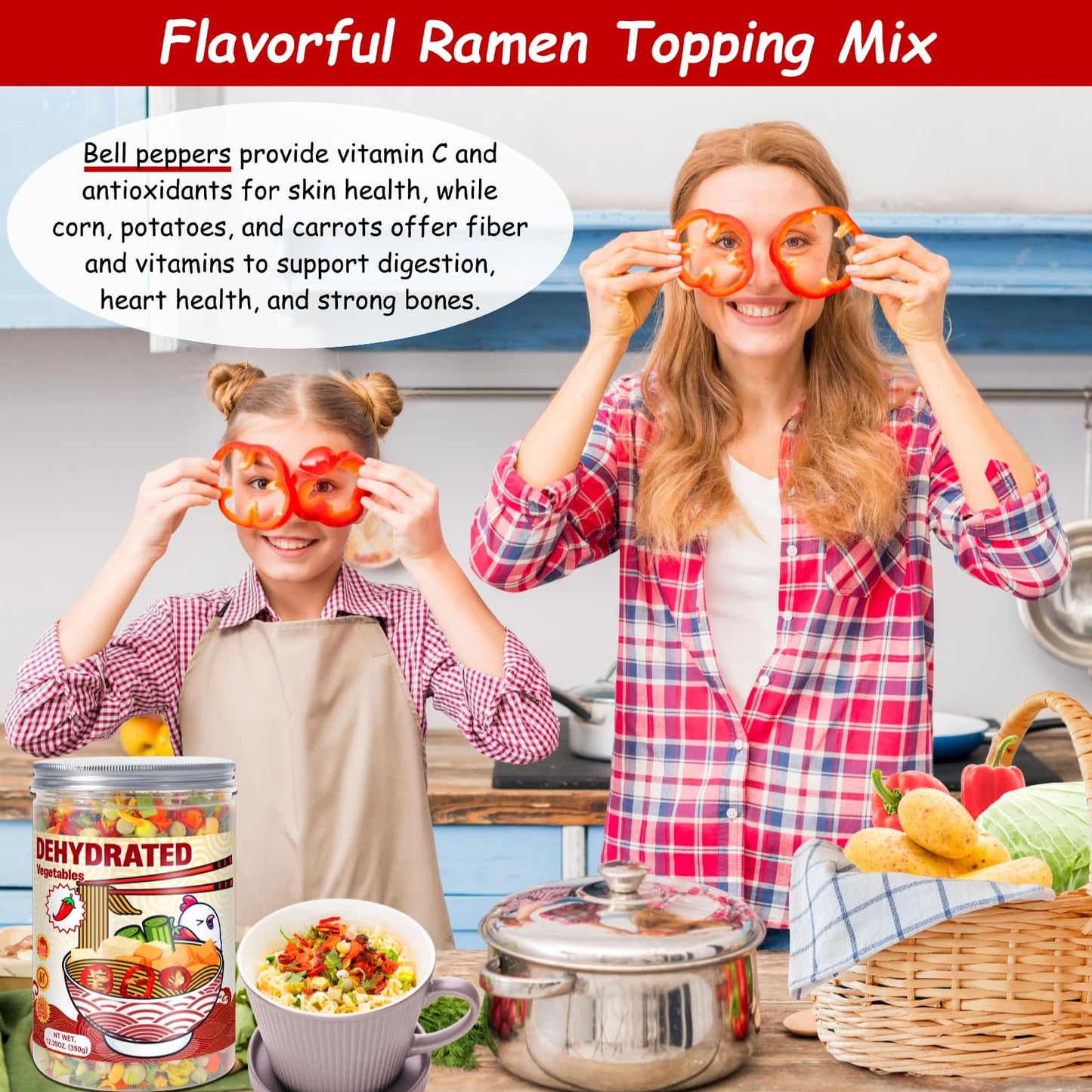 Dried Ramen Toppings Dehydrated Vegetables – 9 Mixed Vegetable Green & Red Bell Peppers, 12.35oz Natural Dried Veggie Flakes for Ramen Noodles, Camping Food Emergency Supply, Soups, Vegan