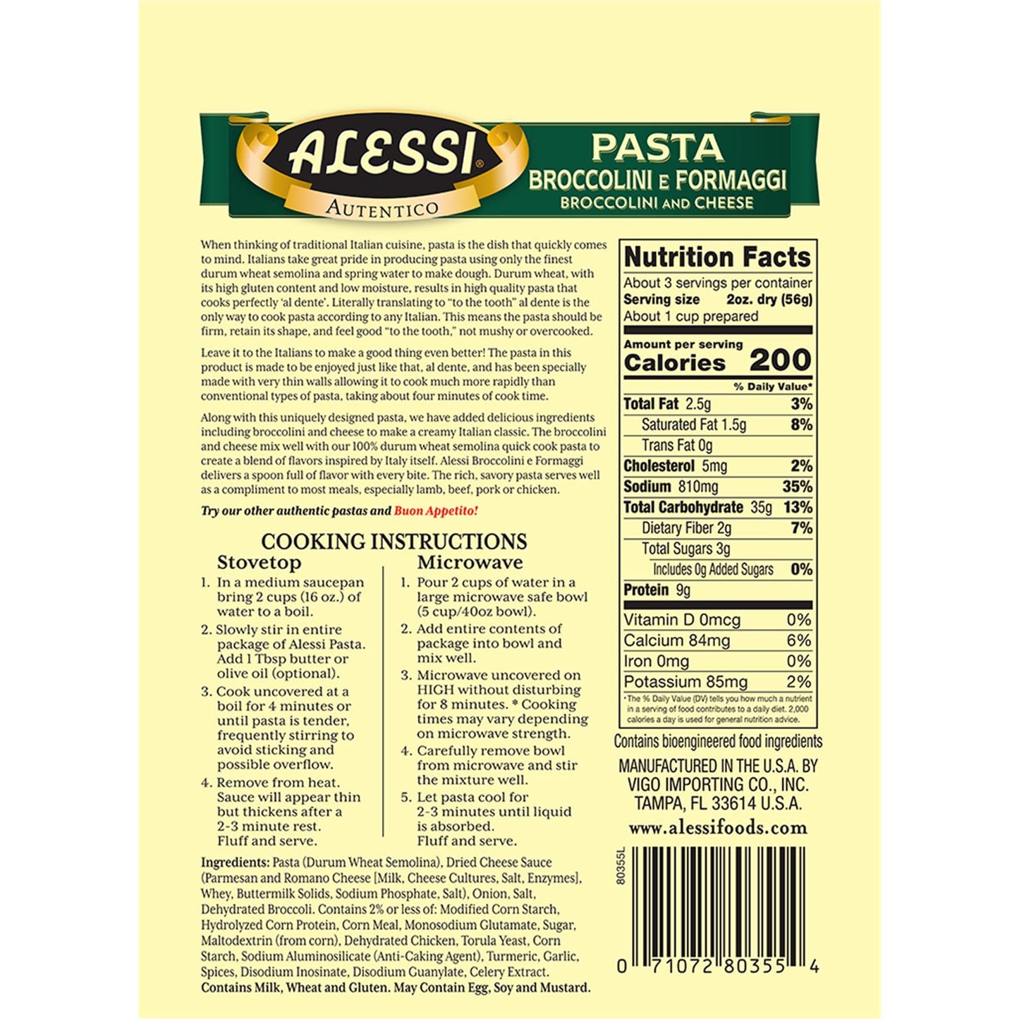 Alessi 4 Minute Pasta, One Dish Quick Meals, Stovetop or Microwave, Dinner or Side Ready in Minutes (Broccolini & Cheese, 6.35 Ounce (Pack of 6))