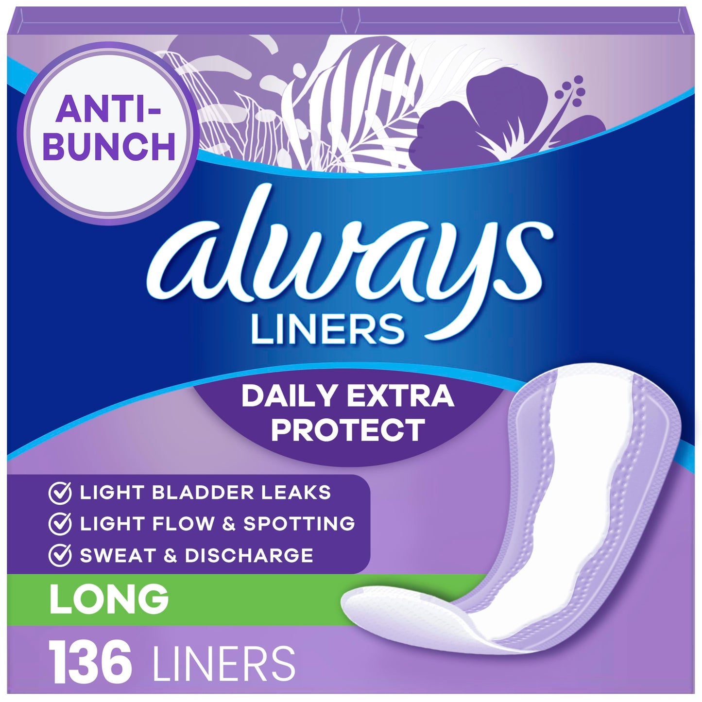 Always Panty Liners for Women Anti-Bunch Xtra Protection Daily Liners, Long, Unscented, 136 Count