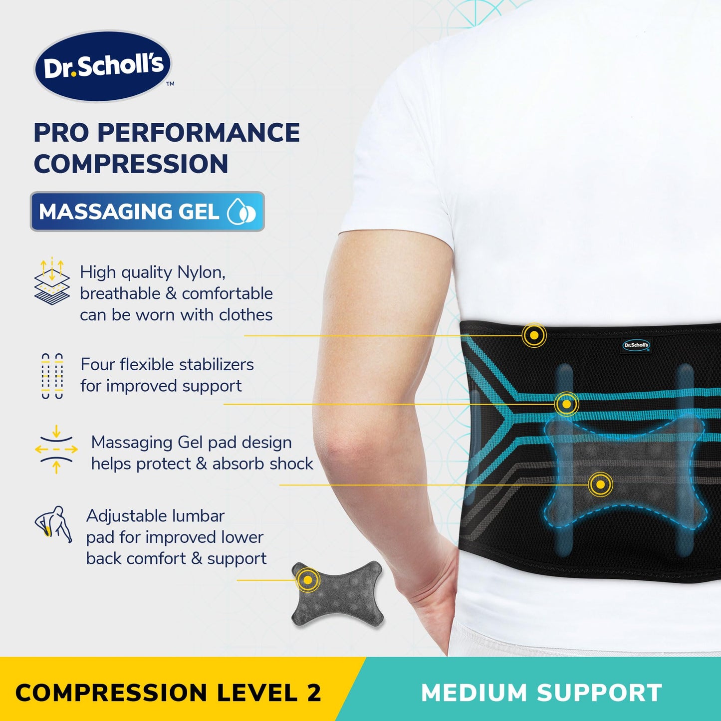 Dr. Scholl's Compression Back Support with Massaging Gel, Breathable Fabric, Shock-Absorbing Back Brace with Lumbar Support, Built-in Gel Padding & Support (Size S/M) (L/XL)