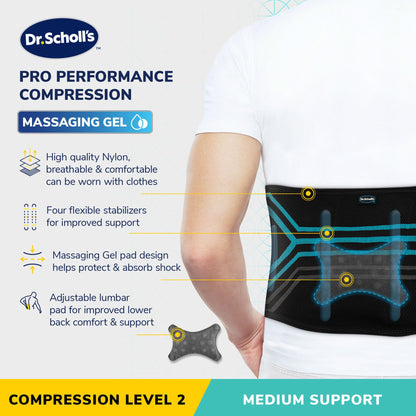 Dr. Scholl's Compression Back Support with Massaging Gel, Breathable Fabric, Shock-Absorbing Back Brace with Lumbar Support, Built-in Gel Padding & Support (Size S/M) (L/XL)
