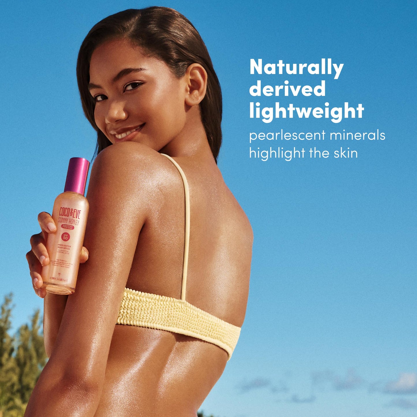Coco & Eve Body Highlighter SPF 50 – Shimmer Sunscreen, Broad Spectrum Sun Protection, Lightweight Serum-Like Lotion with Pearlescent Minerals & Vitamin E for Hydrated & Glowing Skin, 5.07 Fl Oz