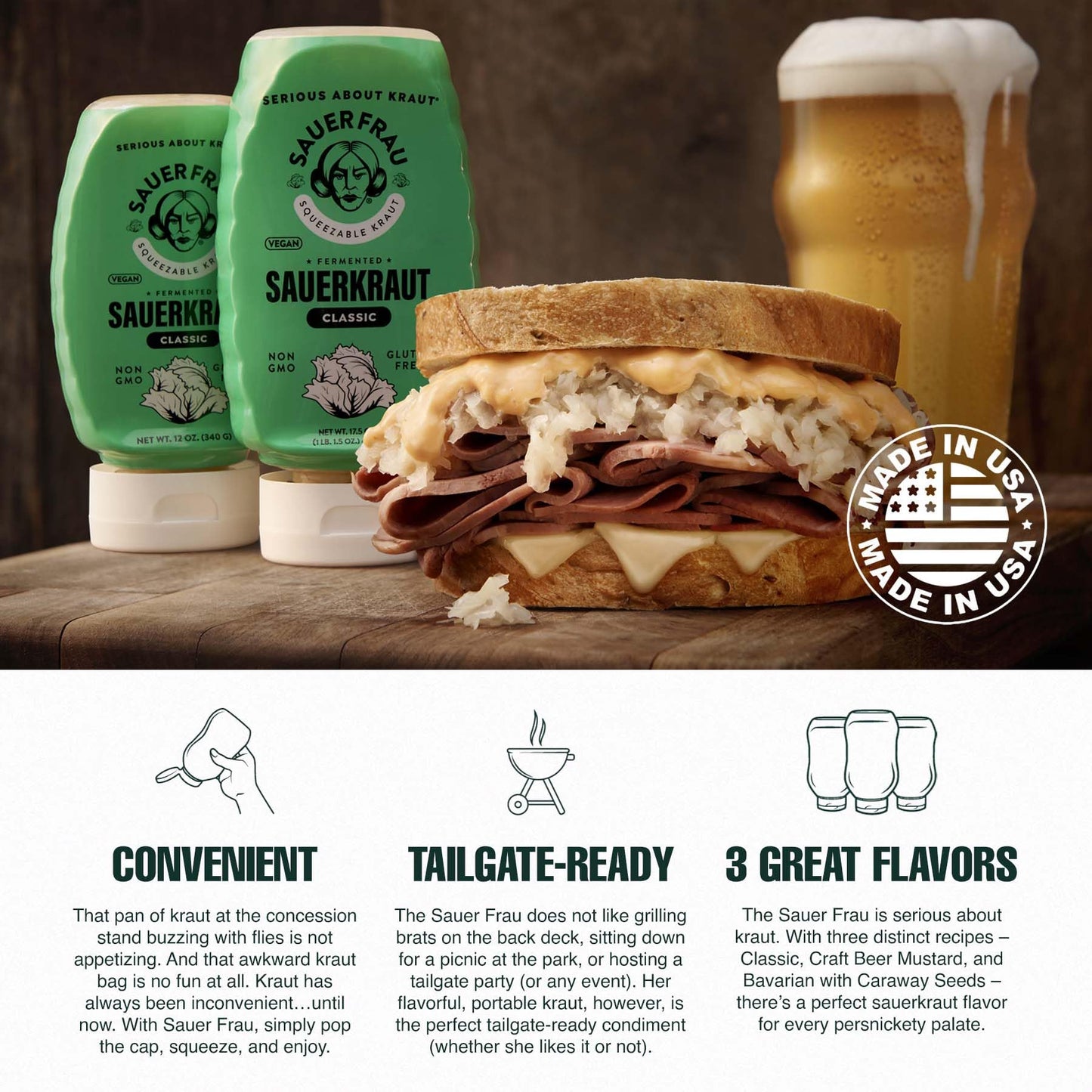 Sauer Frau - Squeezable Sauerkraut - Classic Flavor, Tangy Crisp, Fermented Cabbage, Bold Taste, Easy Squeeze Bottle - 12oz