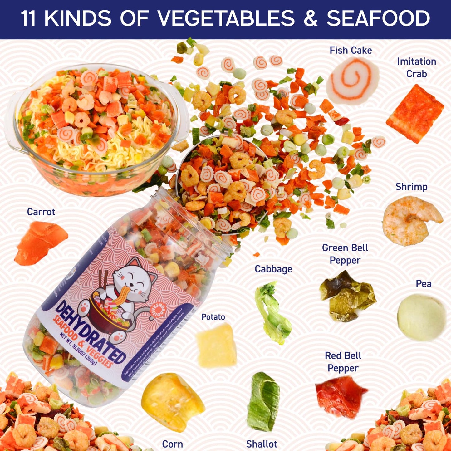 Dehydrated Freeze-Dried Seafood & Vegetable Mix - 100% Natural Ramen Toppings for Soups, 11 Mixed Ingredients, No additions, Ideal for Cooking, Pizza, Emergency Supply, 10.58OZ