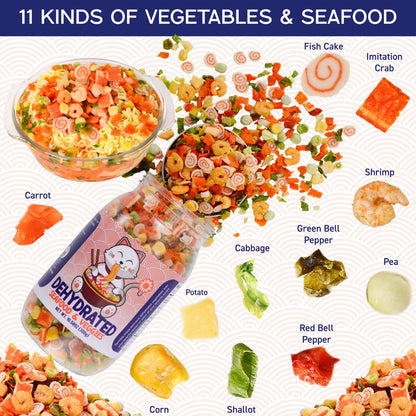 Dehydrated Freeze-Dried Seafood & Vegetable Mix - 100% Natural Ramen Toppings for Soups, 11 Mixed Ingredients, No additions, Ideal for Cooking, Pizza, Emergency Supply, 10.58OZ