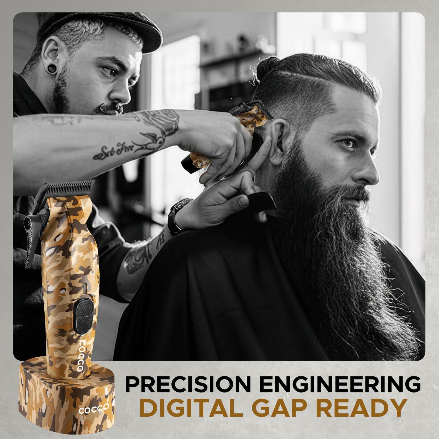 Cocco Hyper Veloce Pro Clipper, Digital Gap Ambassador Graphene Taper Blade Professional Hair Clippers, High-Torque BLDC Motor, All-Metal, Cordless, Charging Station Included (Camo)