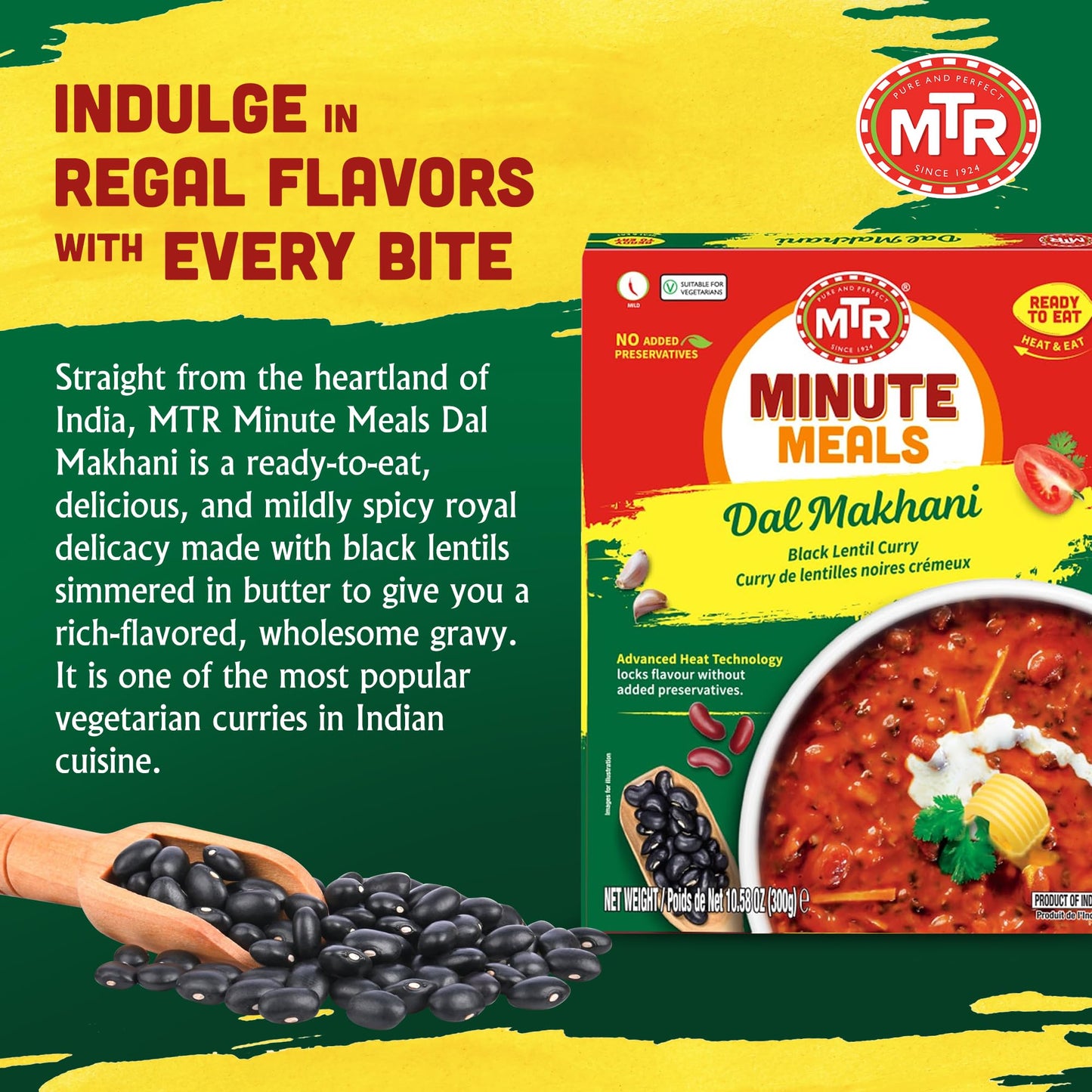 MTR - Minute Meals: Dal Makhani - Rich Black Lentil Curry - Authentic Indian Ready-To-Eat Meal - No Added Preservatives - A Quick Meal Suitable for Vegetarians, Ready in Minutes! (Pack of 6)
