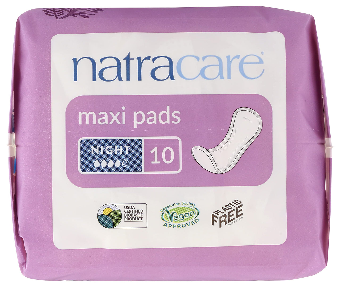 Natracare Natural Traditional Style Night Time Maxi Pads, Individually Wrapped, Without Wings in Plant-Based Bag (1 Pack, 10 Pads Total)
