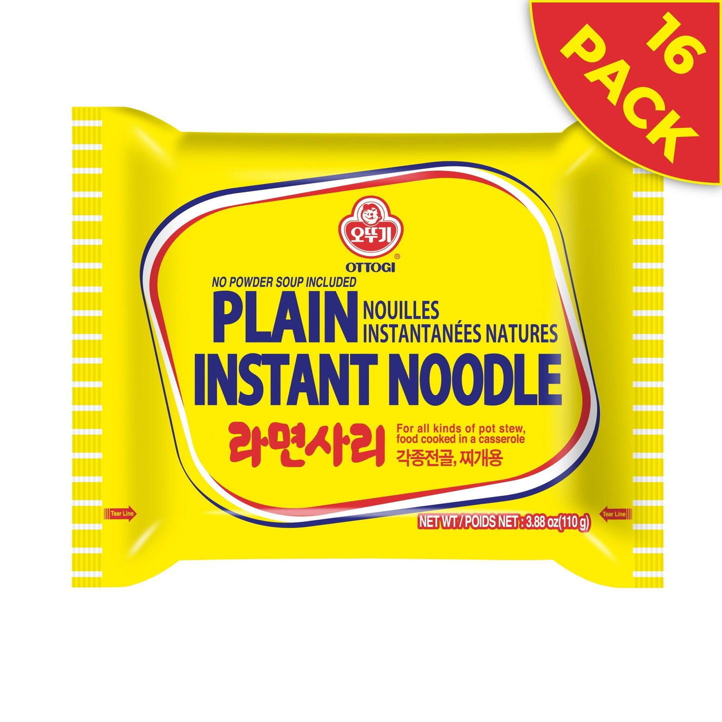OTTOGI PLAIN INSTANT NOODLE, For all kinds of pot stew, food cooked in a casserole, For Hot Pot, Shabu Shabu, and stews (110g) - 16 Pack