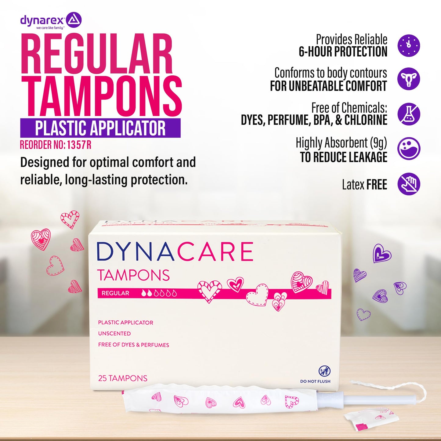 Dynarex Regular Tampons – Bulk Feminine Hygiene Product with Plastic Applicator – 6-Hour Protection – 9 Boxes, 225 Total Tampons