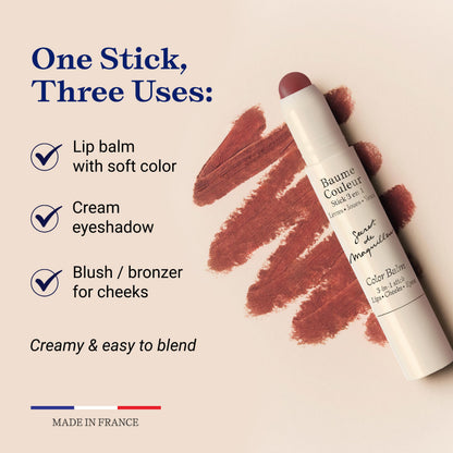 Embryolisse Color Balm 3-in-1 Stick, Mocha, Multi-Use Tint for Eyes Lips & Cheeks, Hydrating Balm with Centella Asiatica & Aloe Vera, Vegan, Fragrance Free, 0.08 oz