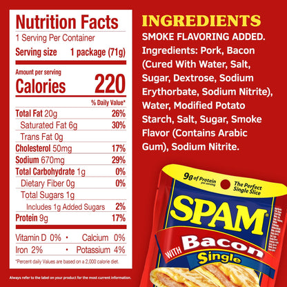 SPAM Single Bacon 2.5oz Individual Pouch (Pack of 12) Fully Cooked Pork and Ham, 9g of Protein, 0g Trans Fat, Low Carb, Keto-Friendly, Gluten Free, Easy Open Pouch, Perfect for Sandwiches & Breakfast
