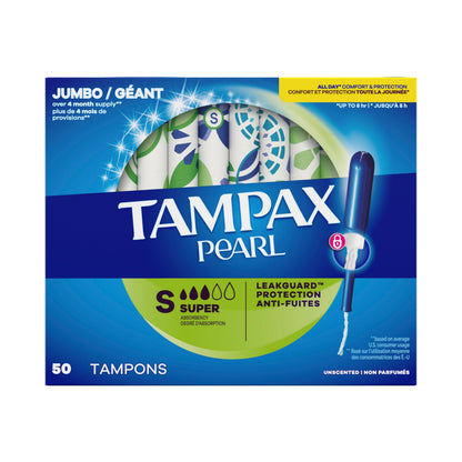 Tampax Pearl Tampons for Women, with LeakGuard Braid, Super Absorbency, Unscented, 50 Count