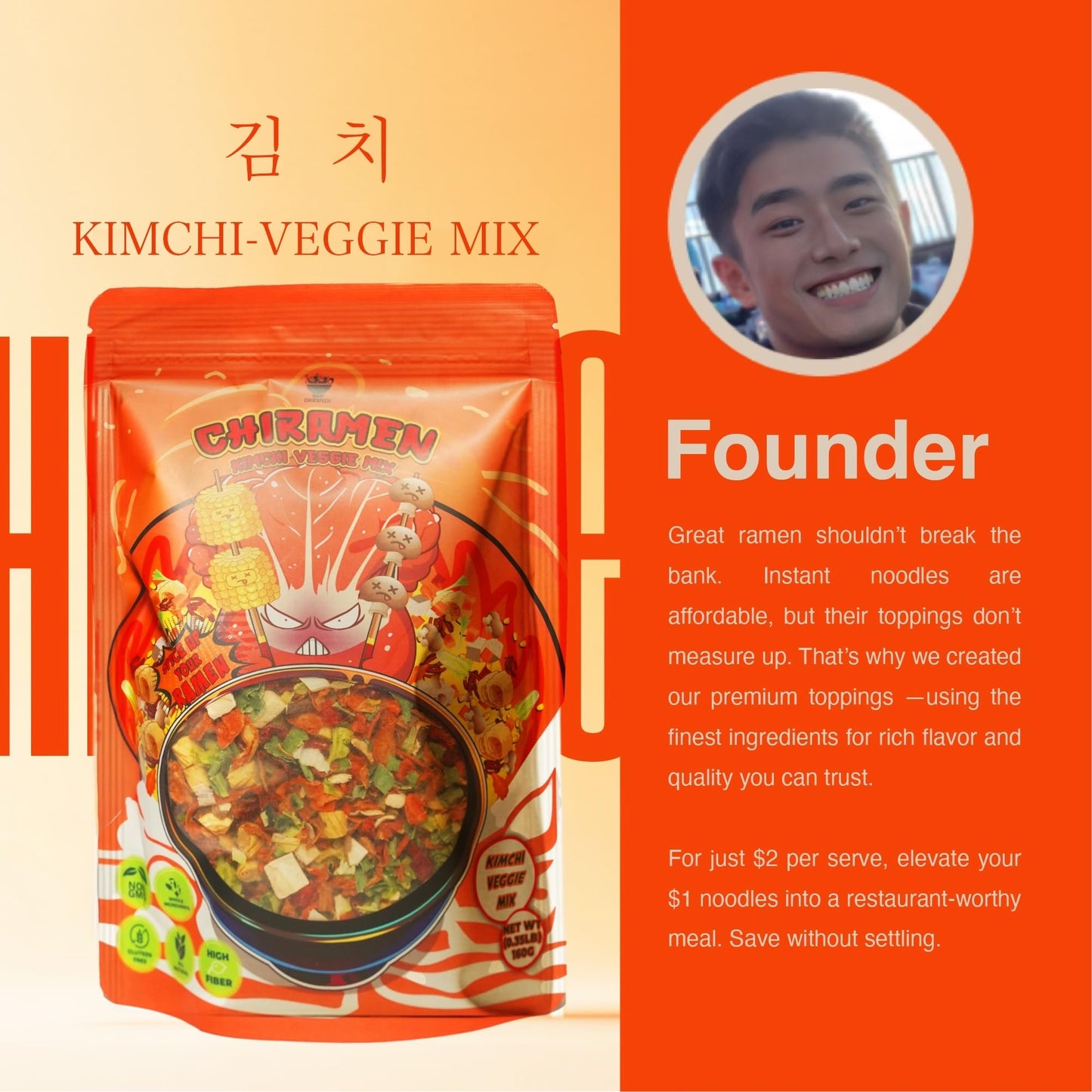 CHIRAMEN Kimchi Veggie Mix Dried Ramen Toppings, Kimchi, Mushrooms, Sweet Pepper, Tofu, Cabbage, Chives, Corn, Perfect for Cup Noodles and Dehydrated Vegetables Soup