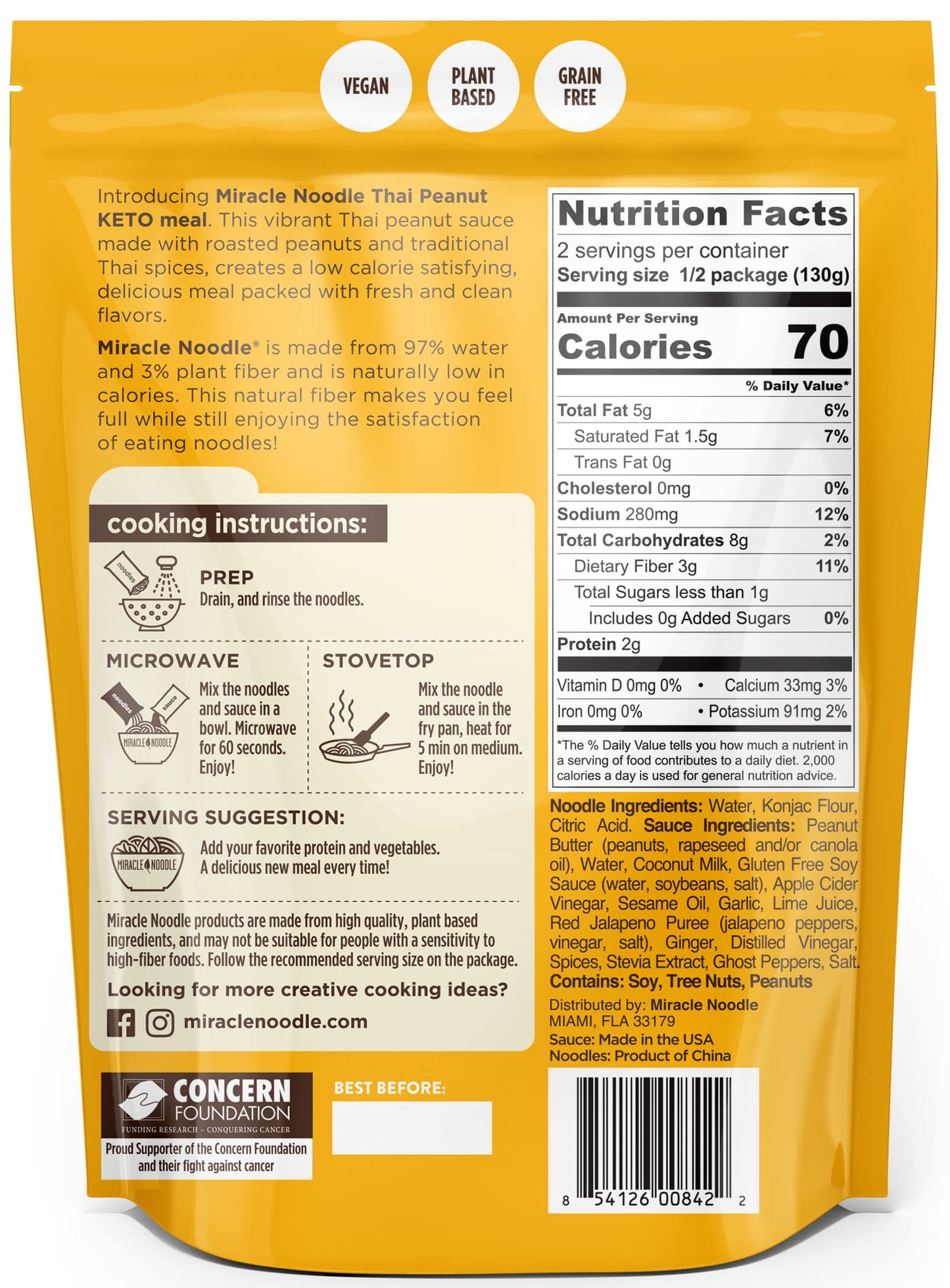 Miracle Noodle Thai Peanut Ready To Eat Meal, 10 Oz (Pack of 6), Plant Based Shirataki Konjac Noodles, 70 Calories Per Serving, Low Carb, Gluten-Free
