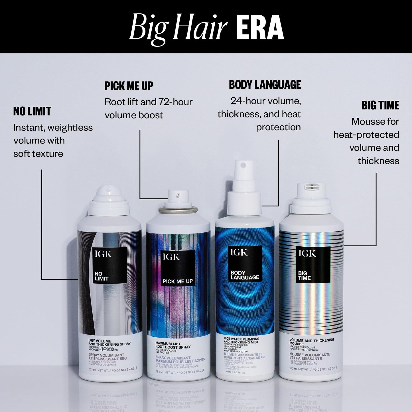 IGK Volume Kit Holiday 2025 – 4-Piece Volumizing Hair Set with NO LIMIT Dry Volume Spray, BODY LANGUAGE Rice Water Mist, PICK ME UP Root Spray & BIG TIME Volume + Thickening Mousse – Full Size