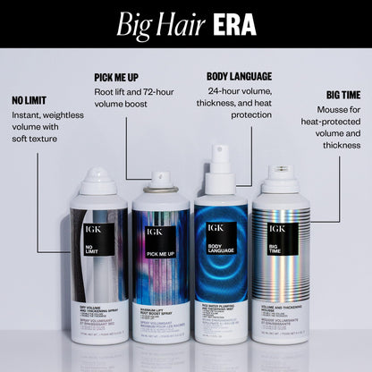 IGK Volume Kit Holiday 2025 – 4-Piece Volumizing Hair Set with NO LIMIT Dry Volume Spray, BODY LANGUAGE Rice Water Mist, PICK ME UP Root Spray & BIG TIME Volume + Thickening Mousse – Full Size
