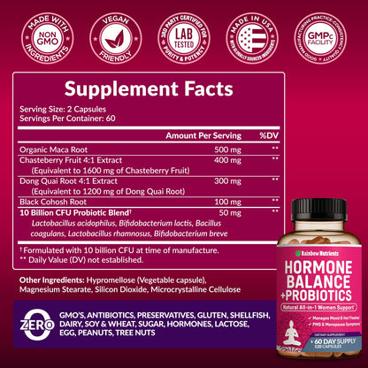 Hormone Balance + Probiotics for Women- Natural Menopause Relief, Weight Management, Bloating, Hot Flashes, PMS | Organic Maca, Chasteberry, Dong Quai & Black Cohosh | Non GMO |120 V Capsules