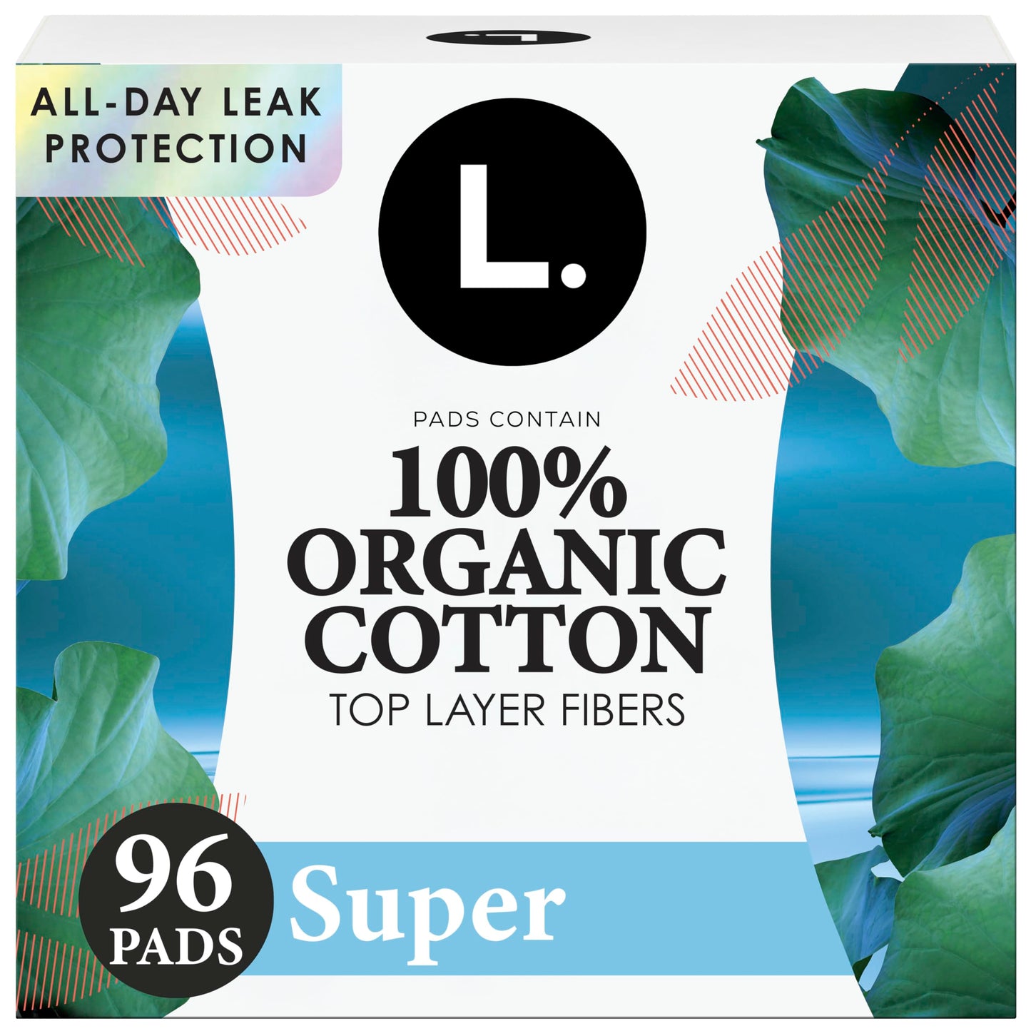 L. Ultra Thin Pads for Women, Super Absorbency, Organic Cotton Top Layer, Unscented Pads with Wings, 96 Count (4 Packs of 24)