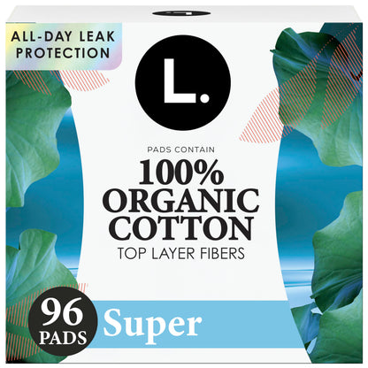 L. Ultra Thin Pads for Women, Super Absorbency, Organic Cotton Top Layer, Unscented Pads with Wings, 96 Count (4 Packs of 24)